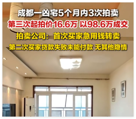 成都一凶宅第三次拍卖以98万成交 究竟是怎么回事？